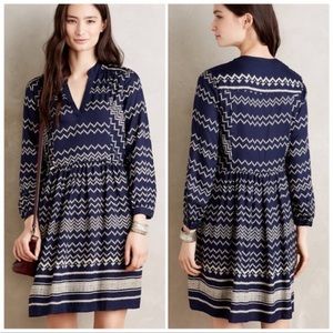 Anthropologie Navy and Cream Zigzag Long-Sleeve Dress